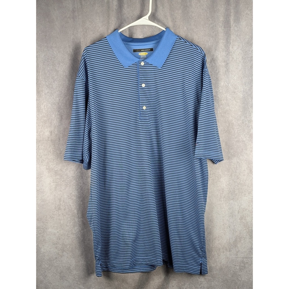 Greg Norman Play Dry Men XXL Blue Striped Short Sleeve Golf Polo Shirt- C341